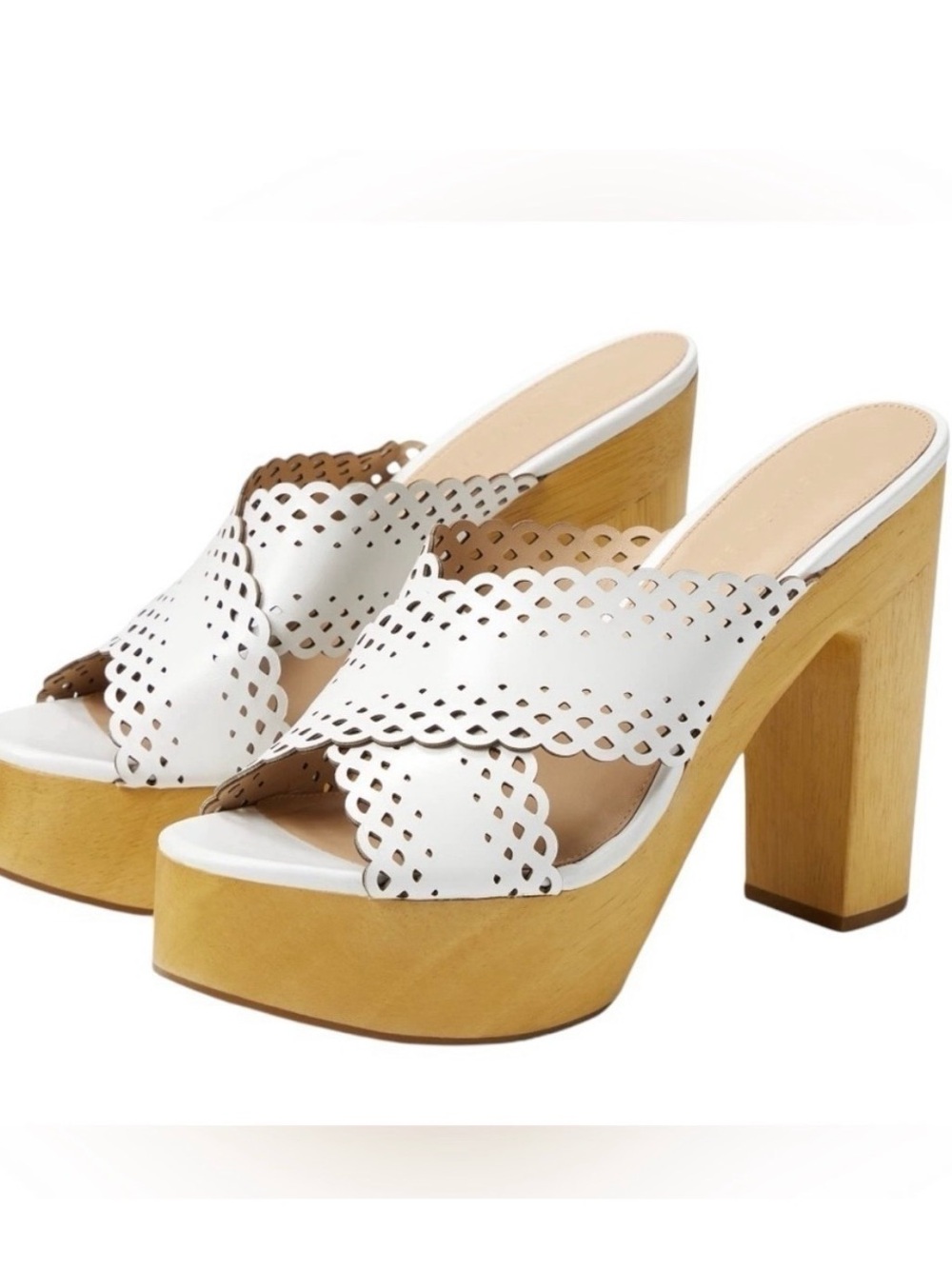 Veronica Beard Gaynor Wood White Laser-Cut Leather Platform Mules